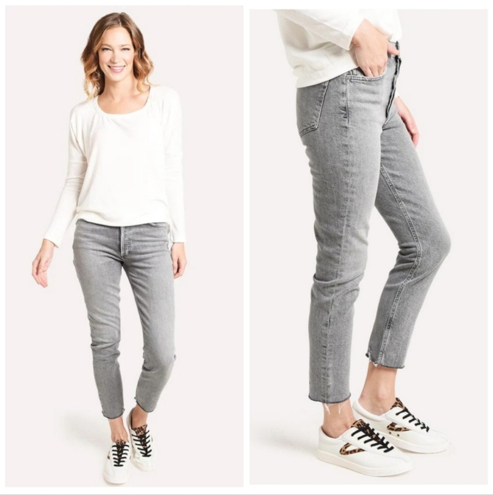 AGOLDE Nico High Rise Grey Slim Leg Cropped Jeans Women's 28 Raw Hem Stretch